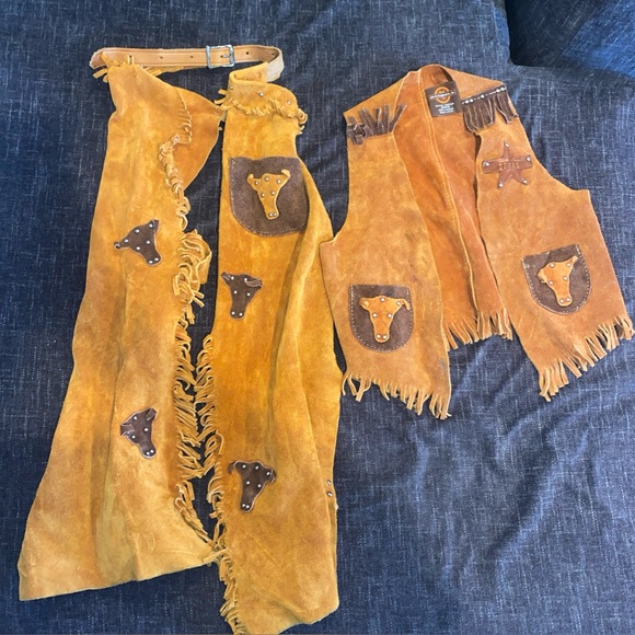 Vintage John R. Craighead size M leather fringe sheriff western vest and chaps - Picture 1 of 7